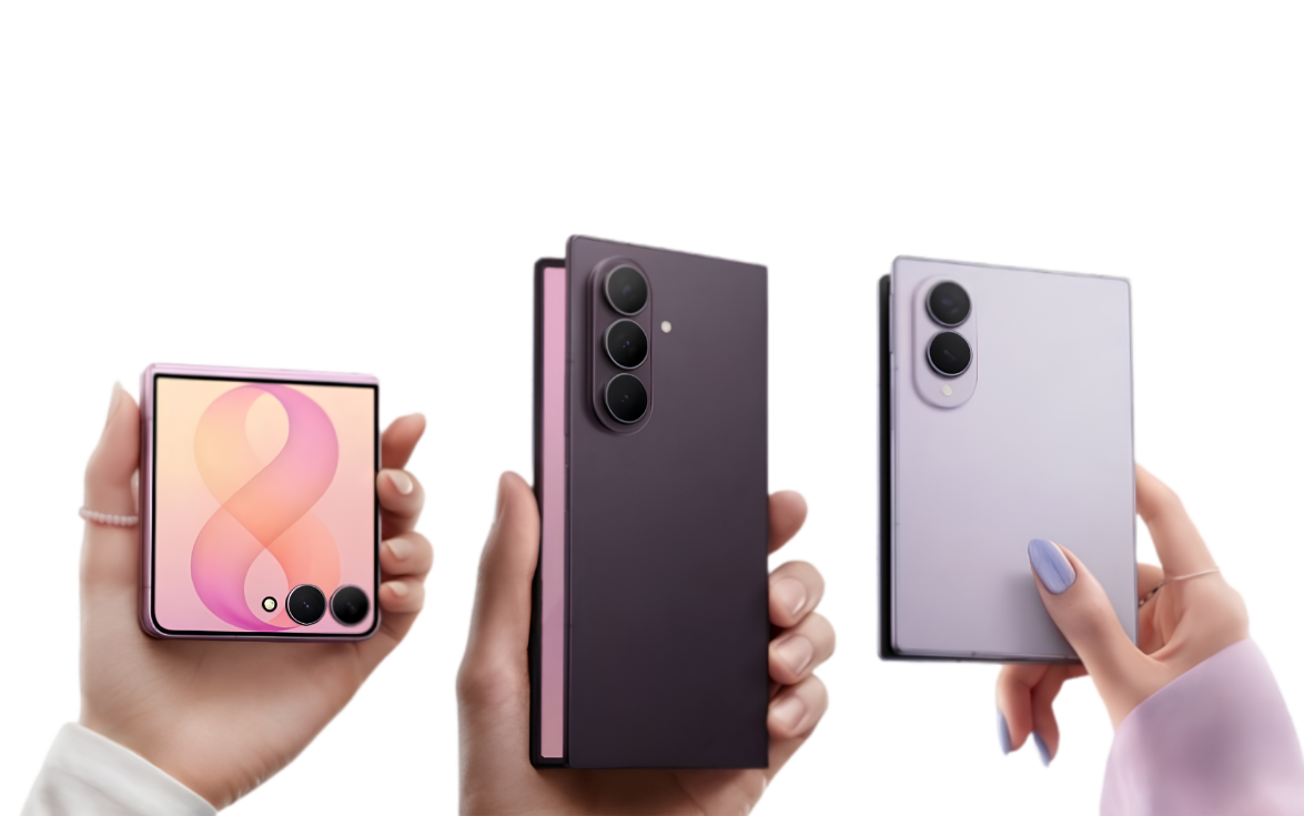 Samsung Galaxy Z Flip8, Z Fold8, and Z Fold8 Ultra held in hand, showing their folded profiles side by side